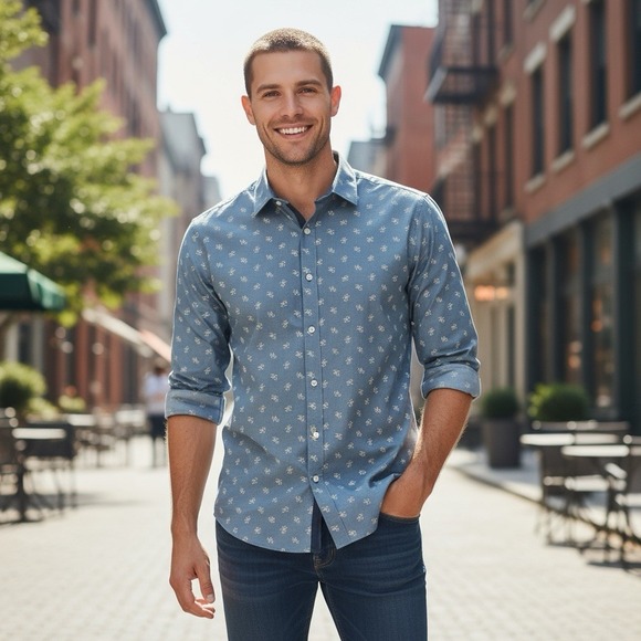 Bar III Mens Slim Fit Floral Print Blue Button-Up Shirt Size M 15-15 1/2 32-33 - Picture 1 of 5